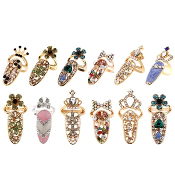 

12Pcs/Lot Nail Ring Fashion Jewelry Butterfly Glamour Crown Flower Crystal Finger Art Decoration Ring Ladies Rhinestone Nail Pro