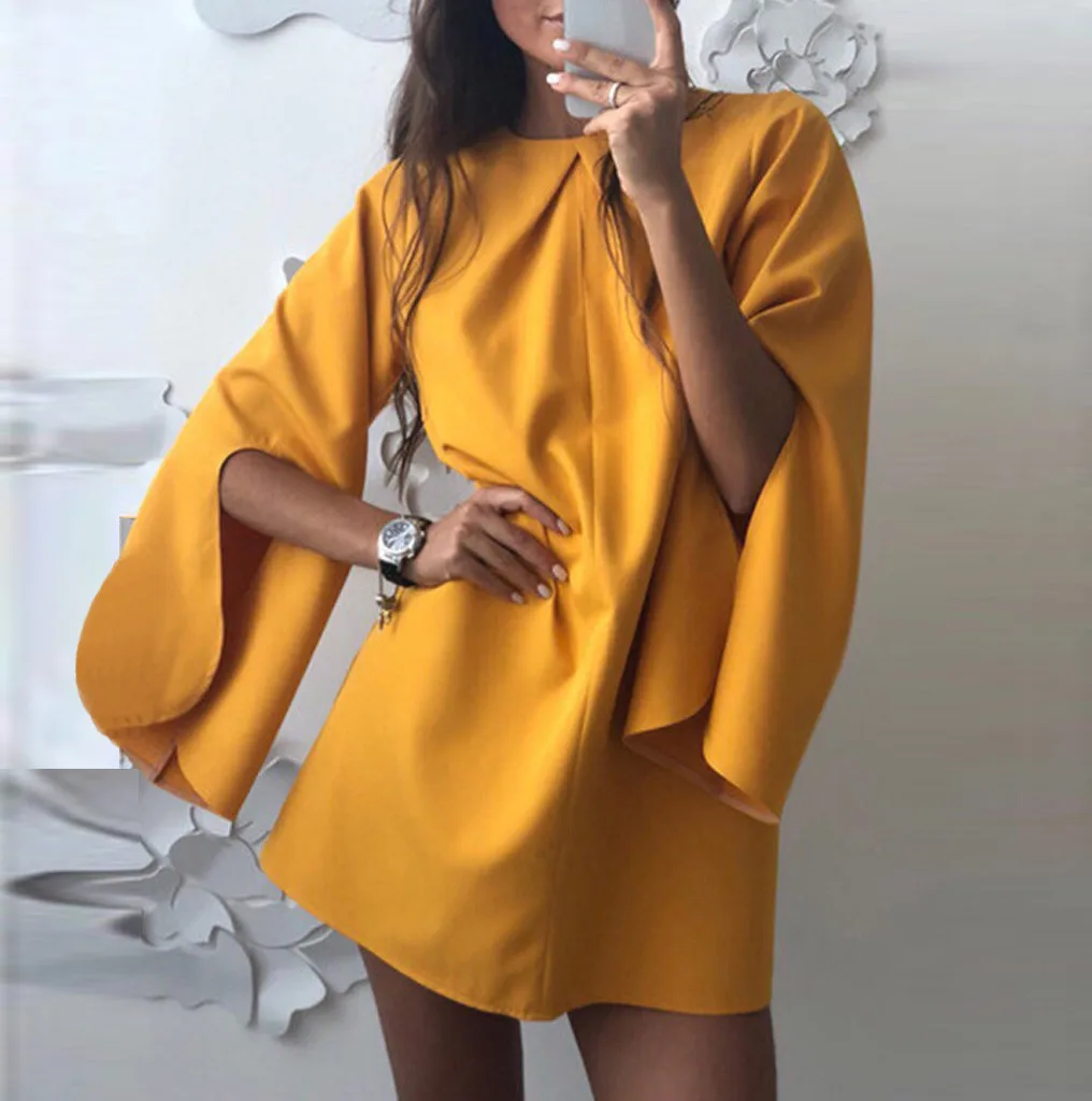 

Summer Fashion Women Mini Dress Solid O-Neck A-Line Loose Short Dress Autumn Slit Long Flare Sleeve Female Mini Dress