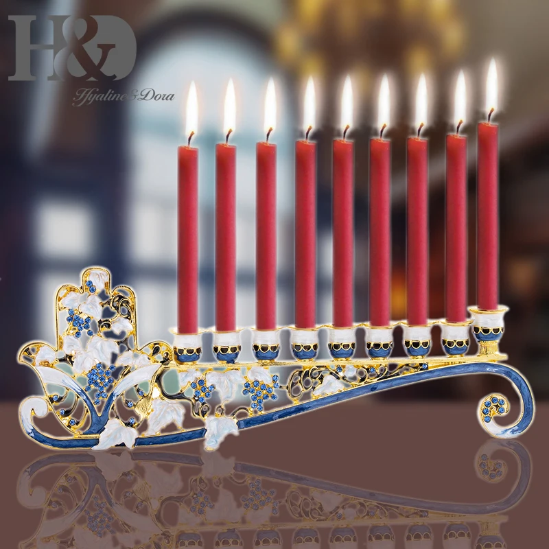 H&D ручная роспись Hanukkah Menorah иудаизм Хамса Эмаль Цветочные подсвечники Chanukah 9 ветвей канделябры украшенные кристаллами