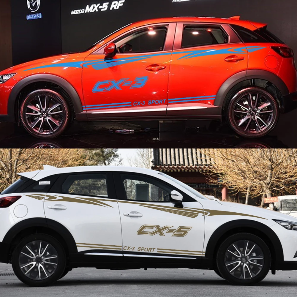 2 шт., автомобильные боковые наклейки для Mazda CX-3, автомобильные гоночные спортивные полосы, наклейки, водонепроницаемый стиль, виниловые украшения, тюнинг, автомобильные аксессуары