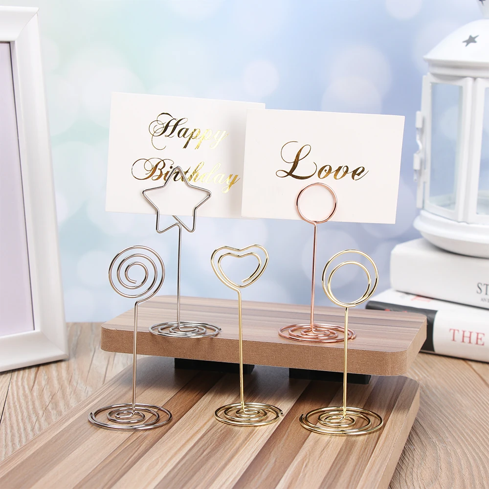 Various Shapes Place Card Holder Metallic Table Number Stand Paper Clamp Romantic Photo Clip Desktop Decoration 1PC