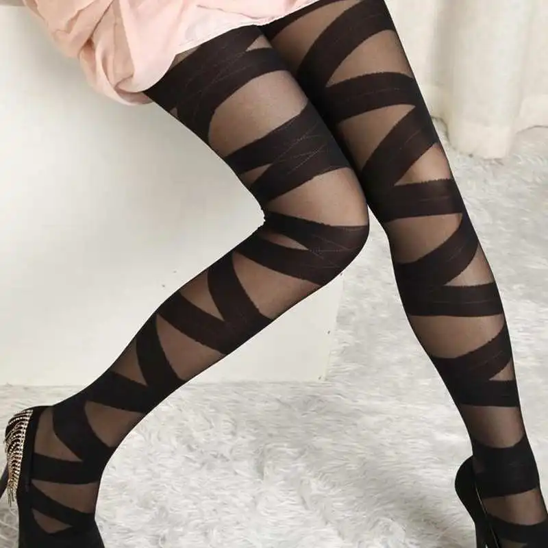 Sexy-Women-Stockings-Hot-Newest-Striped-Printed-Pants-Goth-Rocker-Cross-Bandage-Straps-Pants-Pantyhose-Tights