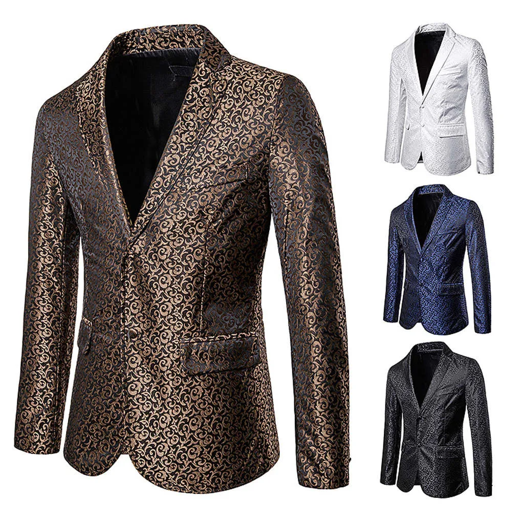 Блейзер Masculino Slim Fit Мужская осенне-зимняя повседневная куртка на пуговицах с золотым принтом пальто с длинными рукавами топ мужская куртка Верхняя одежда Пальто