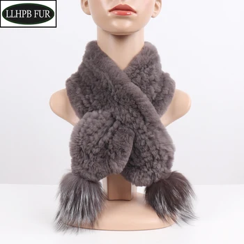 

Knitted Real Fur Lady Scarves Women Handmade 100% Natural Rex Rabbit Fur Scarf Winter Genuine Fur Mufflers With Fox Fur Pompoms