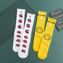 PEONFLY носки в стиле Харадзюку женские забавные корейские милые хлопковые носки с круглым вырезом Kawaii Губы Улыбка лицо узор новинка Calcetines