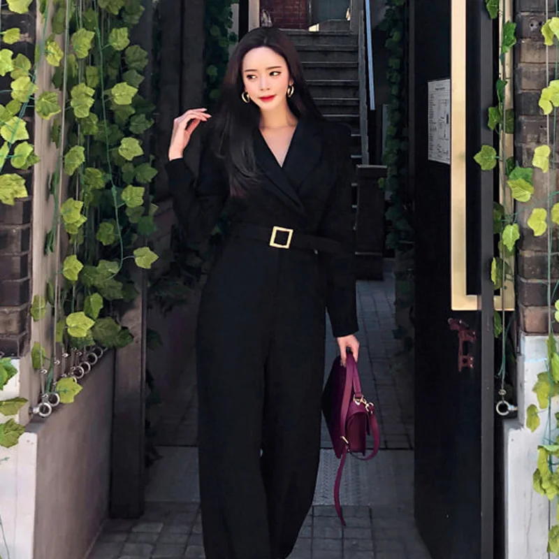 CINESSD Fashion Bodysuit For Women Balck Wrap Wide Leg Jumpsuit Female Long Sleeve V Neck Loose Office Overalls combinaison femm