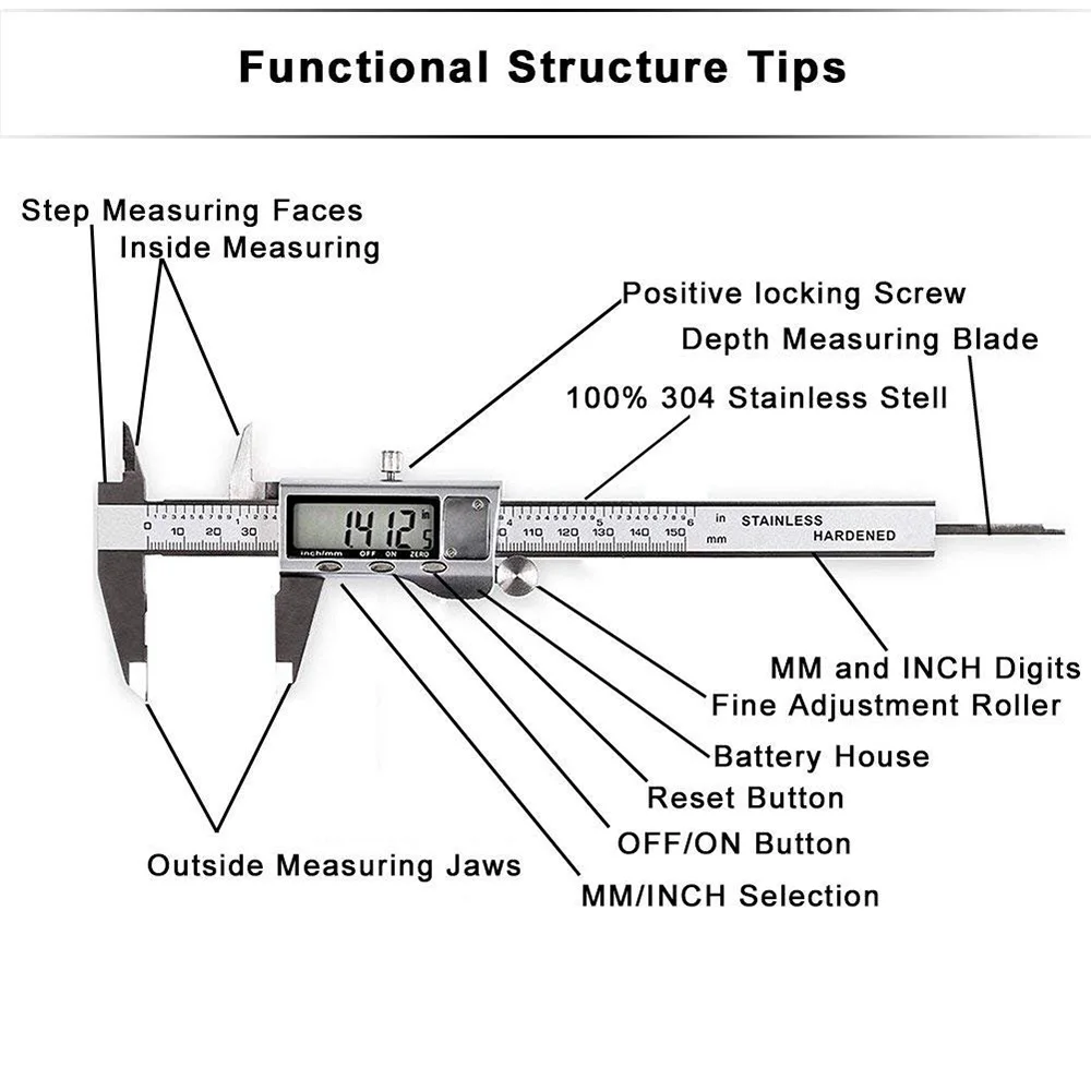 Цифровой штангенциркуль 0-100/150/200/300 мм измерительный инструмент Нержавеющая сталь дюймов/мм Электронный штангенциркуль с нониусом Gauge Серебряный