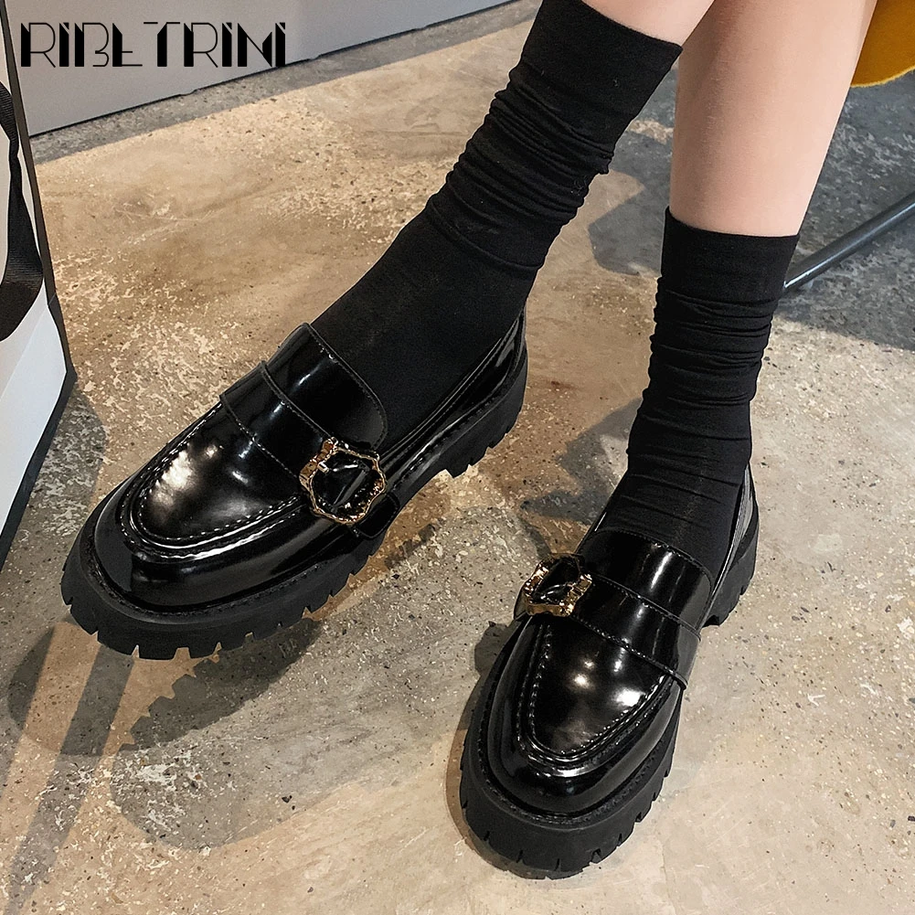 

RIBETRINI Brand Lady Genuine Leather Platform Chunky Heels Spring Shoes Woman Flats Women Buckle Round Toe Slip On Flats