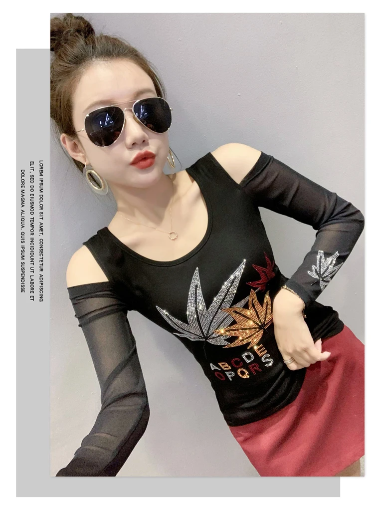2020 Autumn long sleeve women t-shirt Sexy off the shoulder hot drilling women tops and shirt plus size women clothing