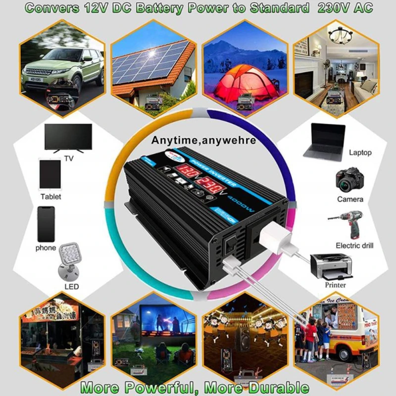 Power Inverter Car Converter Inverter Car Inverter Vehicle Inverter Car Power Converter 4000W DC 12V to AC 220/110V Power Inverter Volts Converter Dual USB Car Inverter with Dual USB Charging Ports