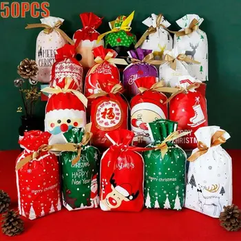 

Bags Wrap Party Drawstring Storage Reusable 50pcs Christmas