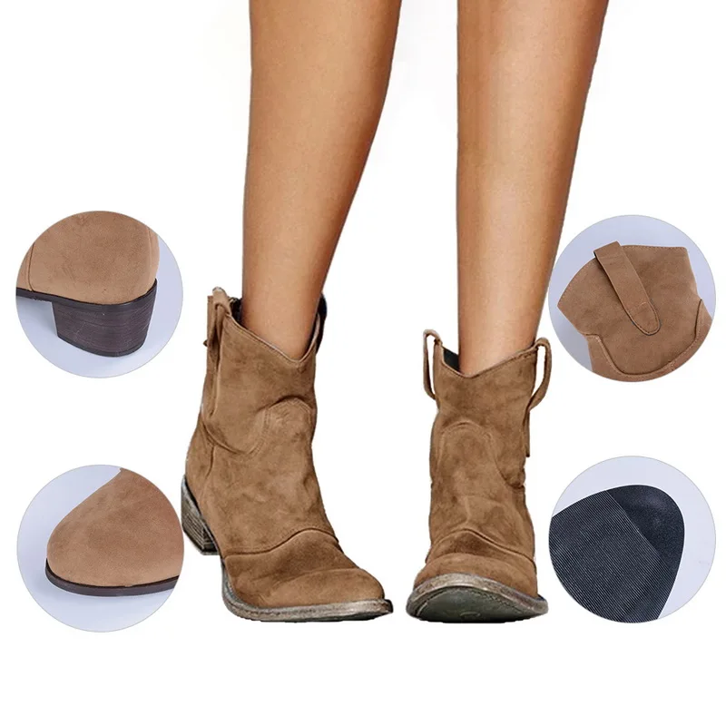 Oeak/женские ботильоны; зимние однотонные ботинки из искусственной замши на квадратном каблуке с острым носком; Botas Mujer; женские ковбойские ботинки без застежки