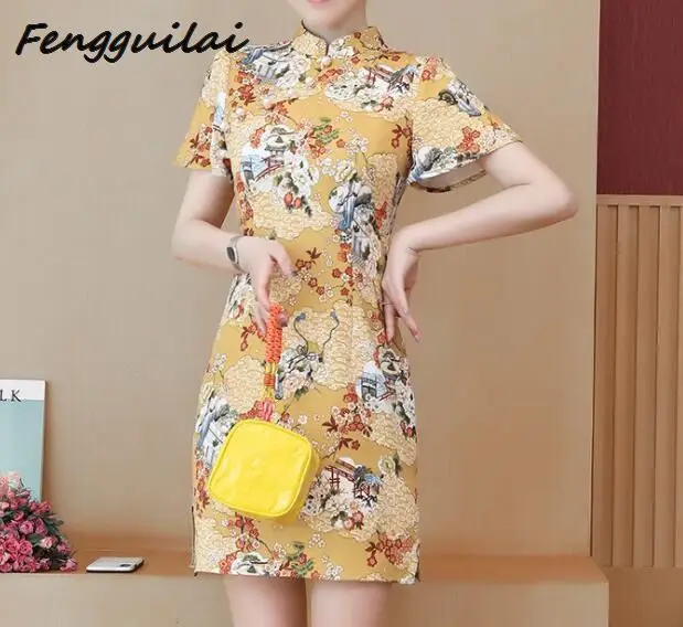 Винтаж китайский Стиль мини желтый Cheongsam Для женщин с жемчугом и атласной лентой, Qipao летние пикантные вечерние платье Mujer Vestidos плюс Размеры S-3X
