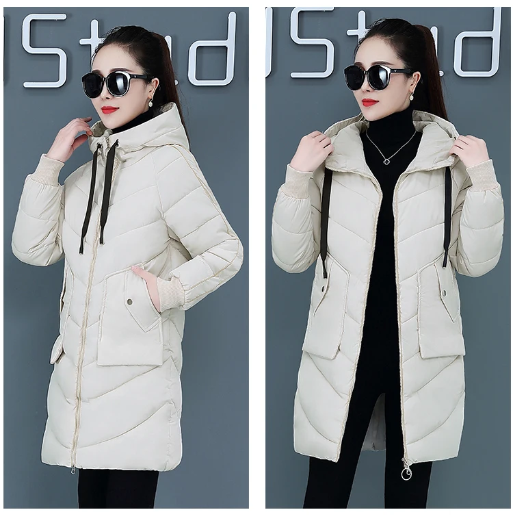 off white High Quality Winter Jacket Women Parker Thick Down Cotton Jacket Large Size Mid-Long Hooded Outerwear Women Warm Winter Coat - Цвет: off white