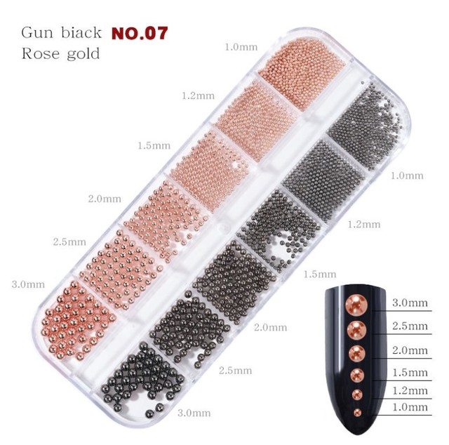 Mixed Size Small Metal Stainless Steel Ball Nail Art Rhinestones Caviar Decorations Bead Pearls Black Gold Silver Rose