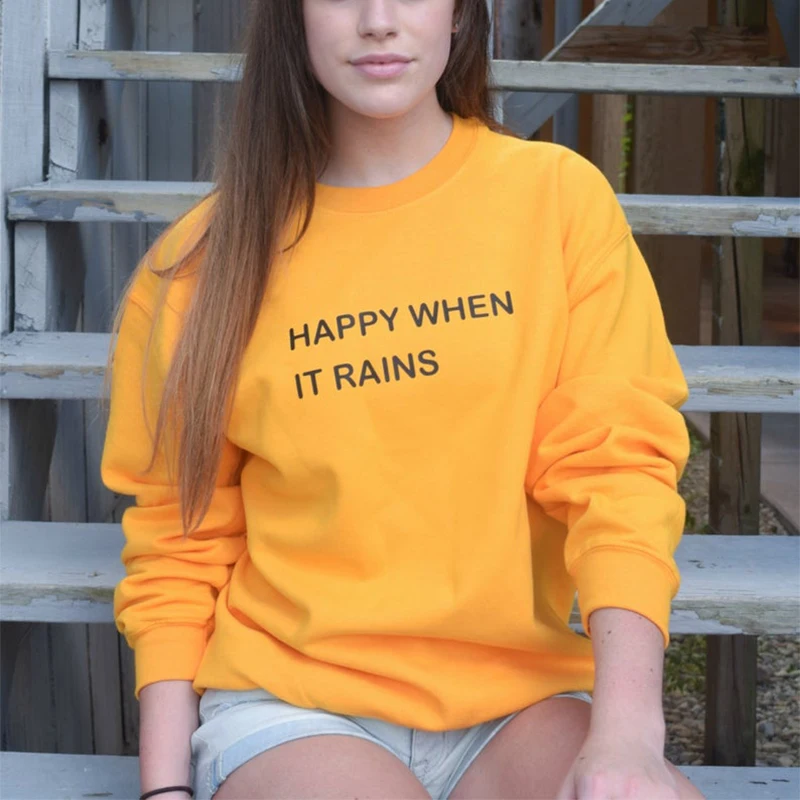 Осенняя Толстовка Womne Happy When It Rains Tumblr saking Осенняя Повседневная Свободная Толстовка уличная желтая Синяя