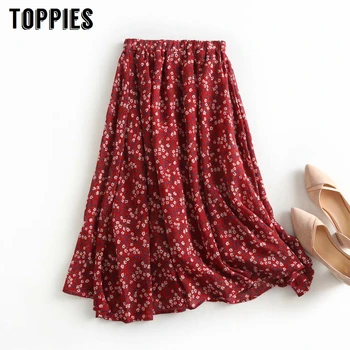 

Red Floral Printing Midi skirts High Waist A-line Skirts Womens Elastic Waist Faldas Korean Streetwear
