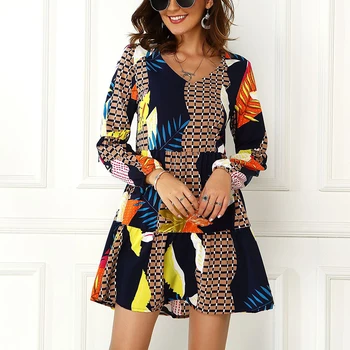 

Women Dress plaid Printed V neck Long Sleeve Clothing Women Vestidos De Fiesta De Noche Summer Dress Women's Dresses