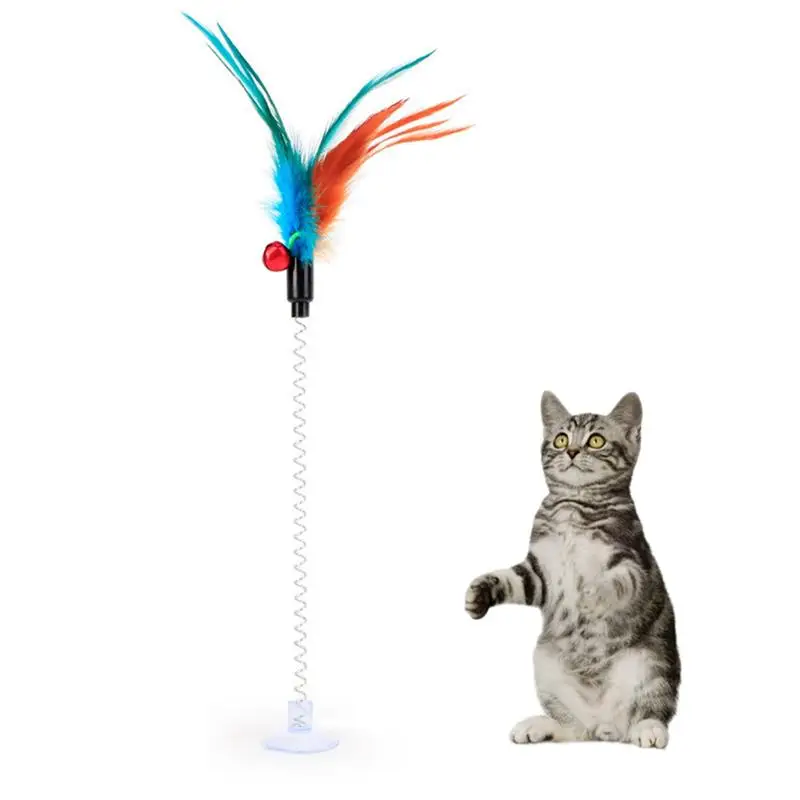 Cat Toy 1pc Funny Interactive Suction Spring Cat Toy Cat Feather Wand Cat Teaser Pet Interactive Supplies Cat Favor Random Color 