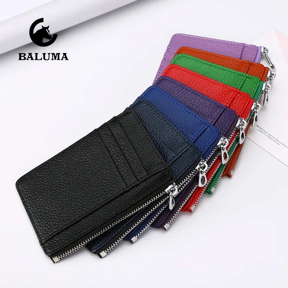 Tarjetero de cuero con cremallera para hombre y mujer, cartera Unisex delgada, tarjetero