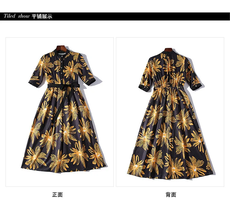 S-xxl весенне-летнее женское платье, желтое платье с цветочным принтом, бальный халат с рукавами до локтя, длина до середины икры, модное милое черное платье