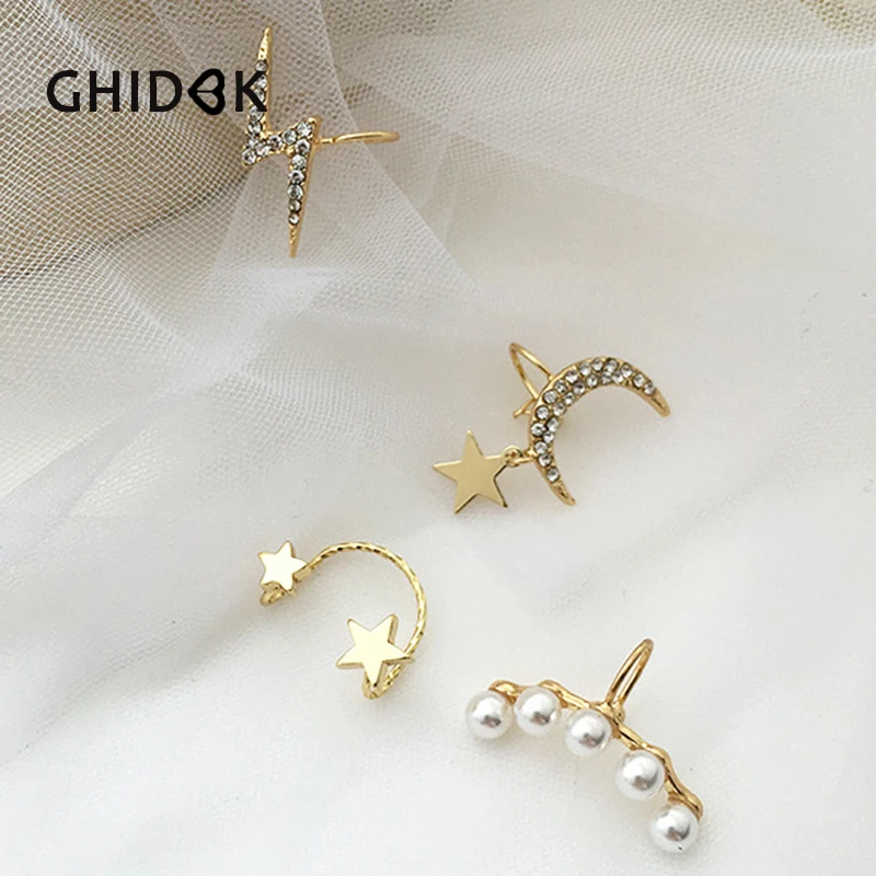 

GHIDBK Minimalist Cublc Zirconia Lightning Bolt Cartilage Earrings Moon and Star CZ Ear Cuffs Simple Pearls Clips on Earring