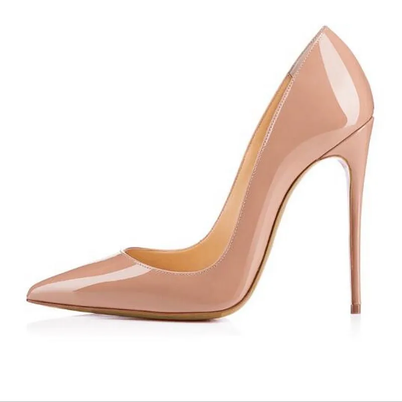 Heel 12cm Модные женские классические туфли-лодочки наивысшего качества из лакированной кожи телесного цвета с острым носком на высоком каблуке-шпильке; свадебные модельные туфли; европейские размеры 45 - Цвет: Heel 12cm