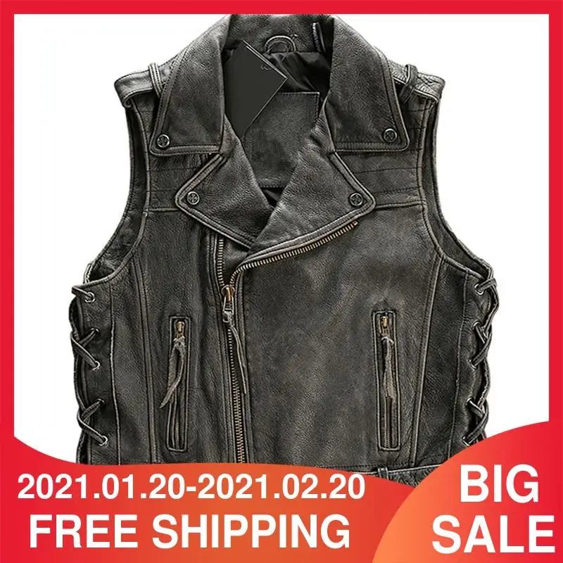 2021 винтажный черный мужской косая молния Байкерский кожаный жилет из