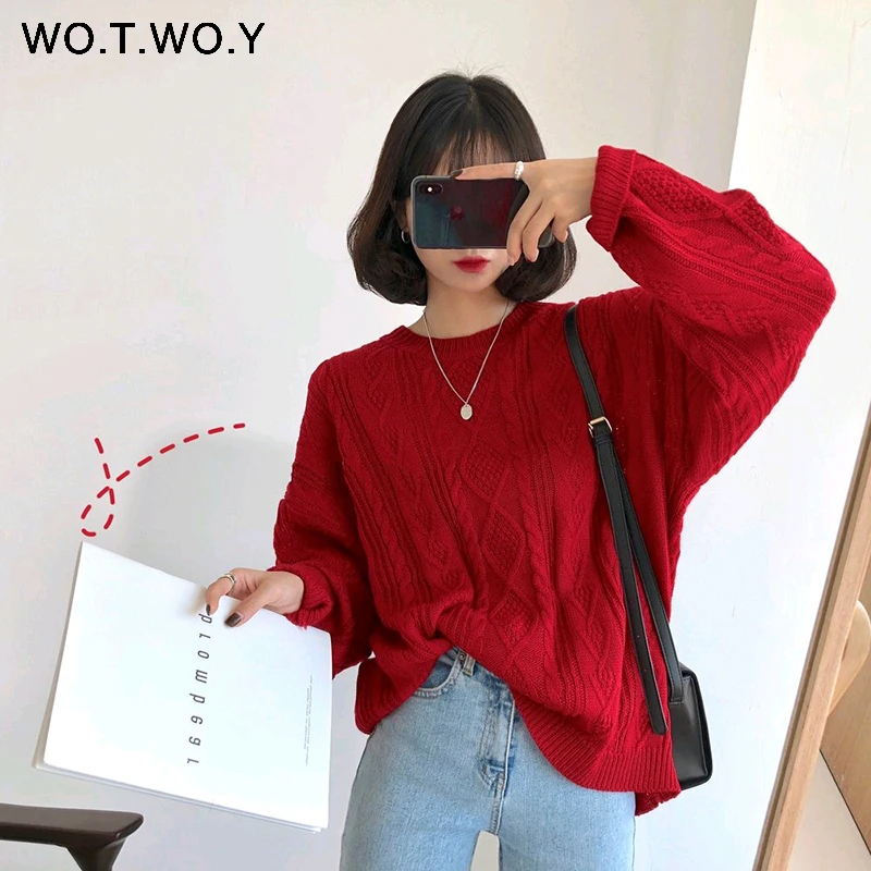 S19273Red WOTWOY осенний вязаный белый свитер для женщин повседневные тонкие женские пуловеры с круглым вырезом крест-накрест корейский стиль Женские топы - Цвет: S19273Red