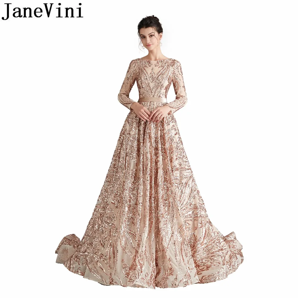JaneVini/Вечерние платья с длинными рукавами из Саудовской Аравии блестящие золотистые блестки, официальное платье, Арабская, Дубай, ТРАПЕЦИЕВИДНОЕ свадебное платье без спинки