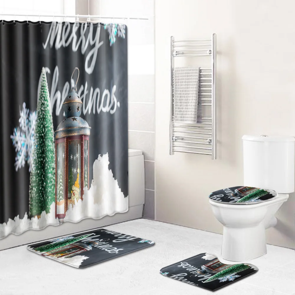 Christmas Bath Curtain Waterproof Shower Curtain Anti-slip Bathroom Carpet Set Absorbent Bathroom Toilet Pedestal Rug Foot Mat