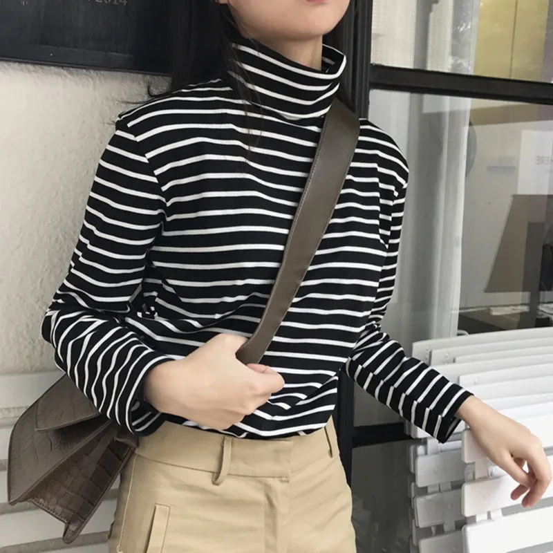 Женские футболки размера плюс, осень, новинка, корейский стиль, Harajuku, полосатая водолазка, футболка для женщин, длинный рукав, Женские повседневные топы