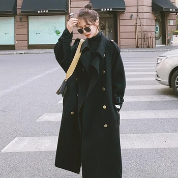 

Elegant Long Women's Thicken Woolen coat Winter Black Wide-waisted belted Jackets solid color Hepburn coats Female Outerwear