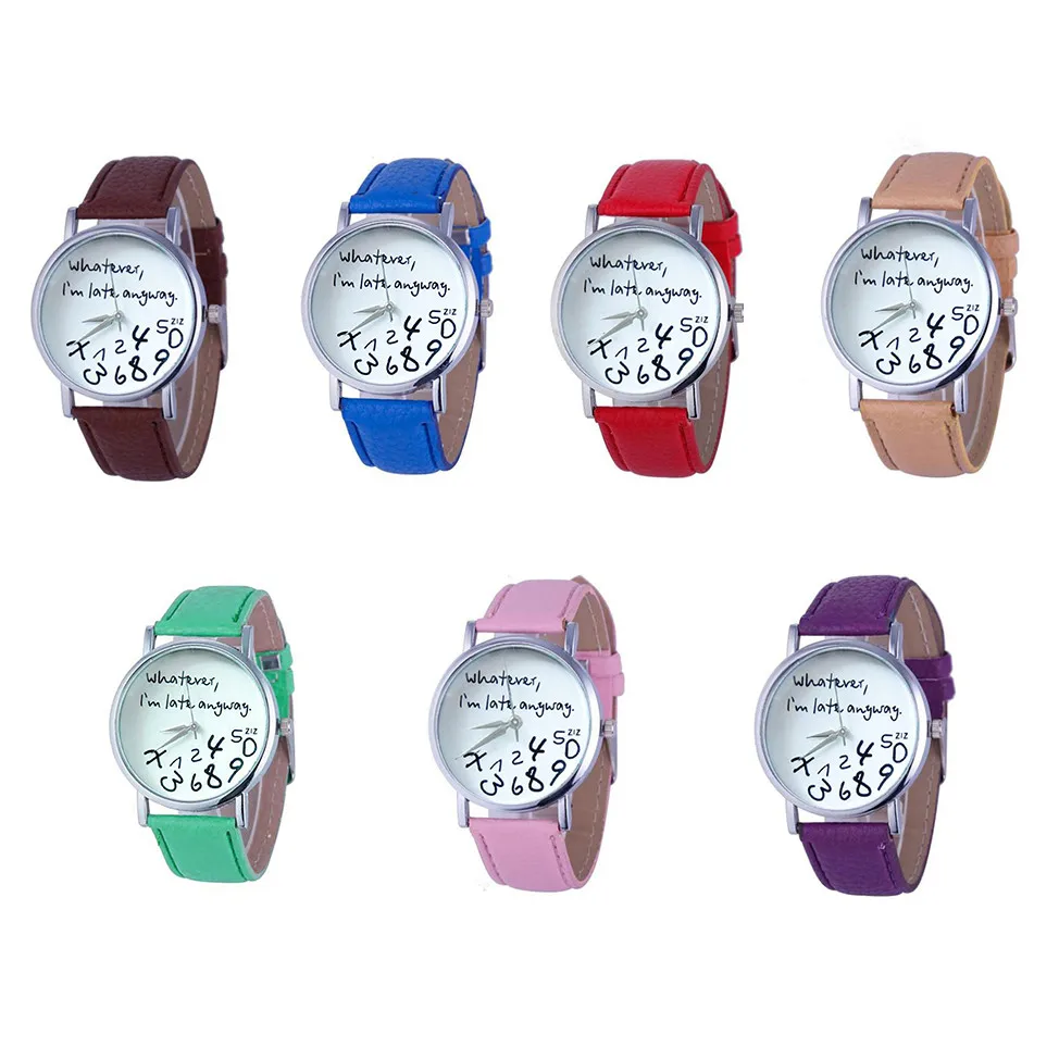 Hot Women Leather Watch Whatever I am Late Anyway Letter Watches Unique Personality Clock Masculino Clock Часы Мужские Erkek afbeelding