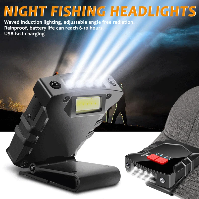 

Super Bright USB Rechargeable COB LED Cap Light Smart Sensor Headlight Head Flashlight Clip-on Cap Hat Light Fishing Head Lamp