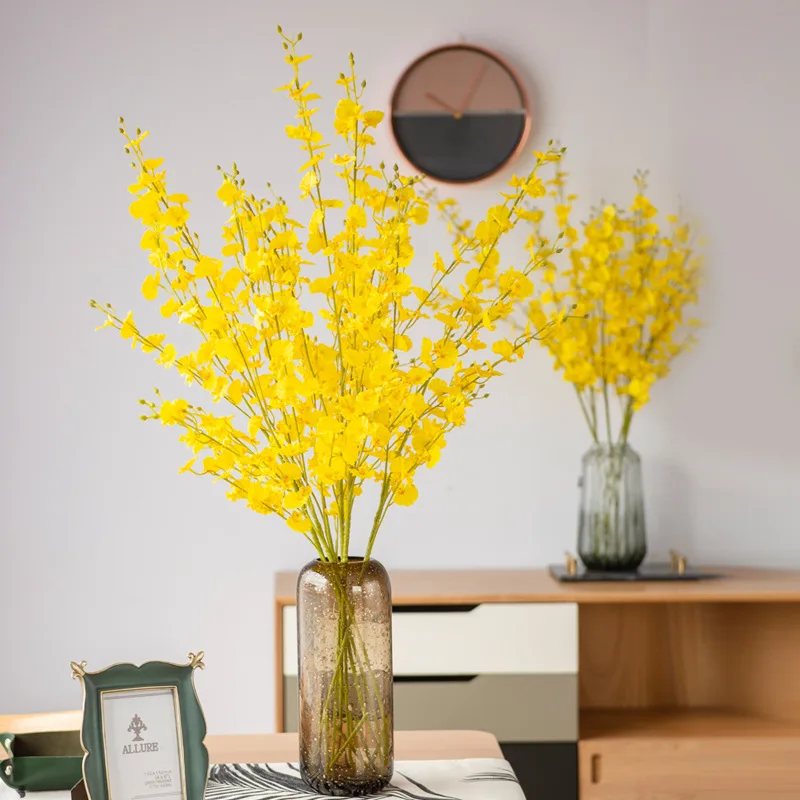 

105cm 1PC 60 flower head simulation dancing orchid yellow high-end dance single display floral decoration fake orchid