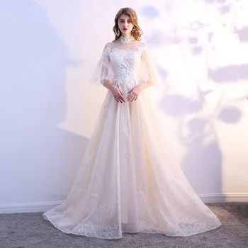 

2020 Elegant Lace Sequins Evening Dress Robe De Soiree Fashion High Neck Half Sleeve Back Zipper Sweep Train Party Prom Gown