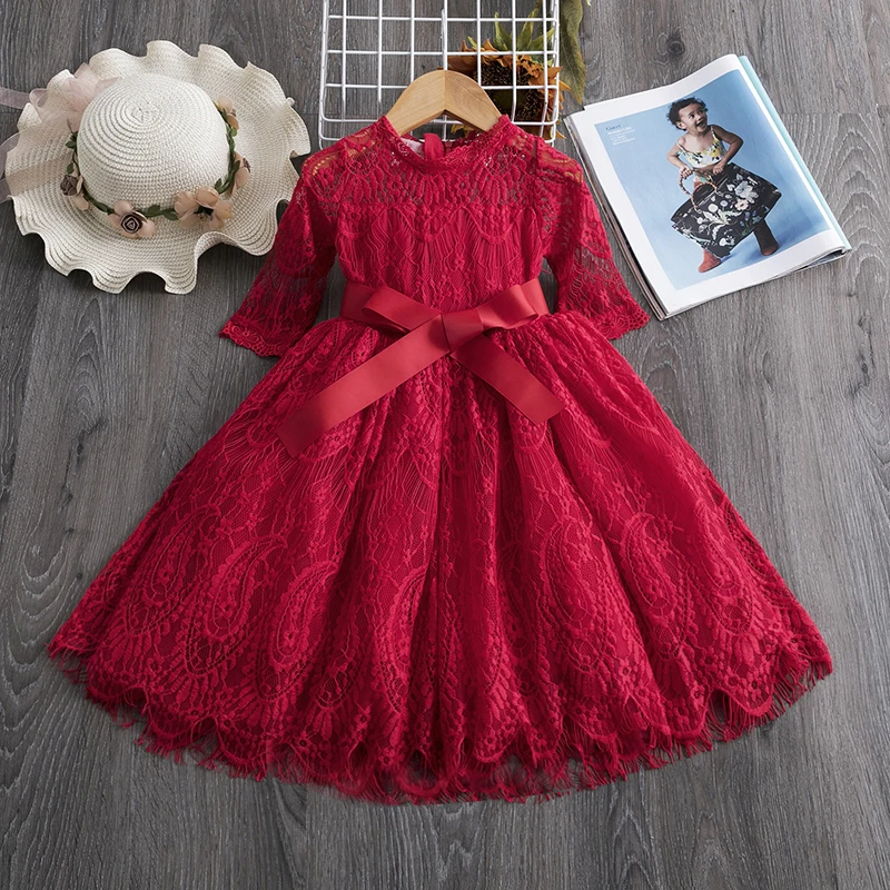 

Baby Girls Dress Red Christmas Girl Dresses Princess Dress Lace Children Clothes Long Sleeve Girl Dress Kid Wedding Party dress