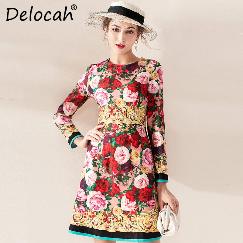 

Delocah 2019 Autumn Winter Women Dress Runway Fashion Designer Long Sleeve Flower Printed Elegant Slim Lady A-Line Dresses