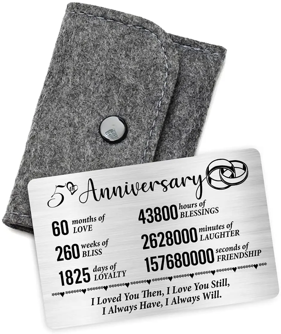 YODOCAMP 5 Year Anniversary Card Gifts for Him Husband, Happy 5th Fifth Wedding Anniversary Cards Gift for Men, Engraved Metal Wallet Insert, Five