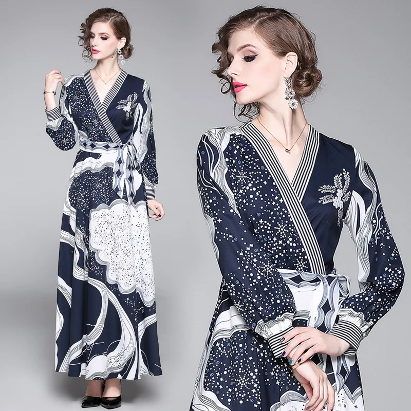 

Large Austrian WOMEN'S Dress Europe And America Versitile Fashion Waist Hugging Slimming Lace-up V-neck Positioning Floral Print