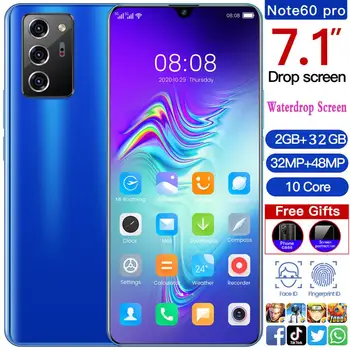 

Waterdrop Screen 5600mAh Cell Phones Global Version Smartphone Face Unlock Mobile Phone Ｎote 60 pro Game Cellphone 7.1"phones