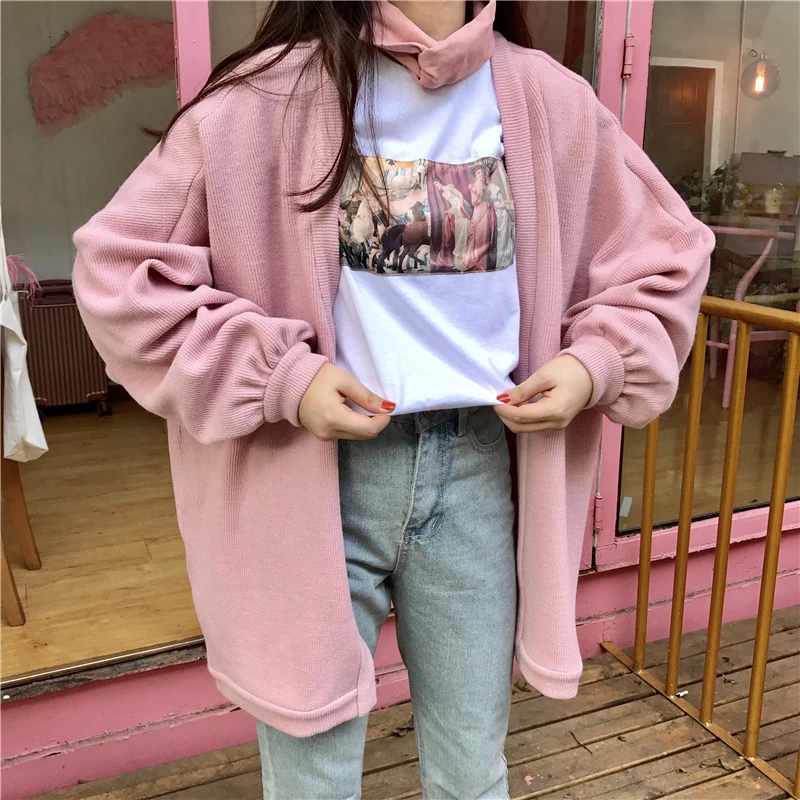Осенне-зимний свободный свитер ulzzang Harajuku с длинными рукавами, кардиган, пальто, Толстая Женская одежда