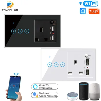 

UK Plug Tuya Smart Switch Smart Life Wireless Light Switch 2 USB Charger Port Electrical Socket 16A Alexa Voice Control