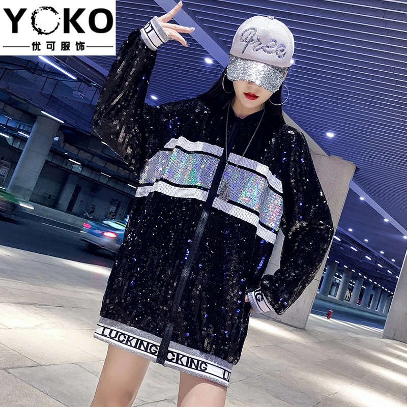 YOKO женский блестящий костюм с блестками для выступлений, джазовый танец, хип-хоп, доллар с блестками, куртка с длинными рукавами, свободная спортивная куртка плюс