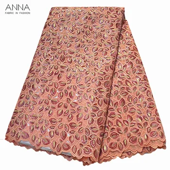 

Anna african latest organza fabric 2020 high quality french sequin lace embroidered with stones 5 yards/piece for garment sewing