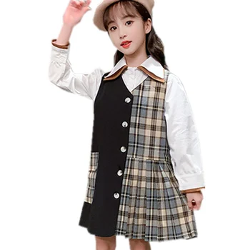 

2020 Autumn Teen Girl Model Button up Blouse Dress Kids Designer Long Sleeve Plaid Shirt Dress For Girls New Patchwork Clothing