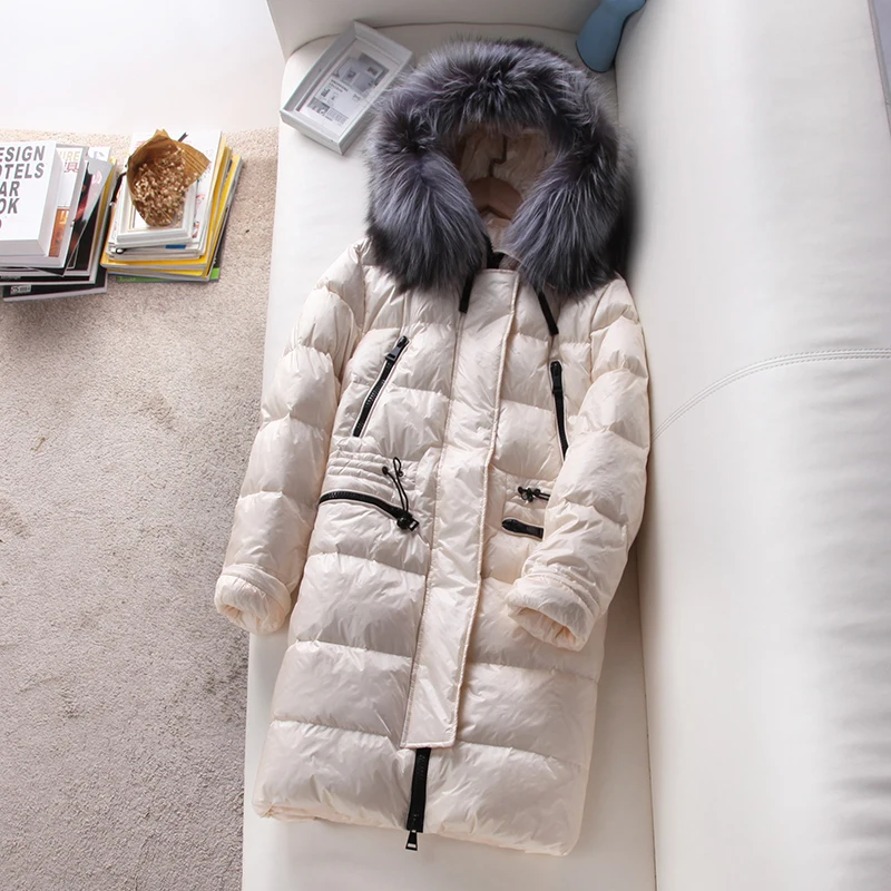 

Women's Winter Down Jacket Long 90% White Duck Down Coat Women Real Silver Fox Fur Collar Puffer Jacket 62583 KJ2899