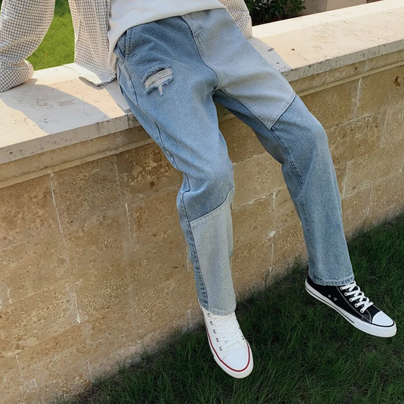 Autumn Jeans Men's Fashion Wash Contrast Color Stitching Casual Denim Pants Man Streetwear Wild Hip Hop Loose Straight Trousers - Цвет: baby blue