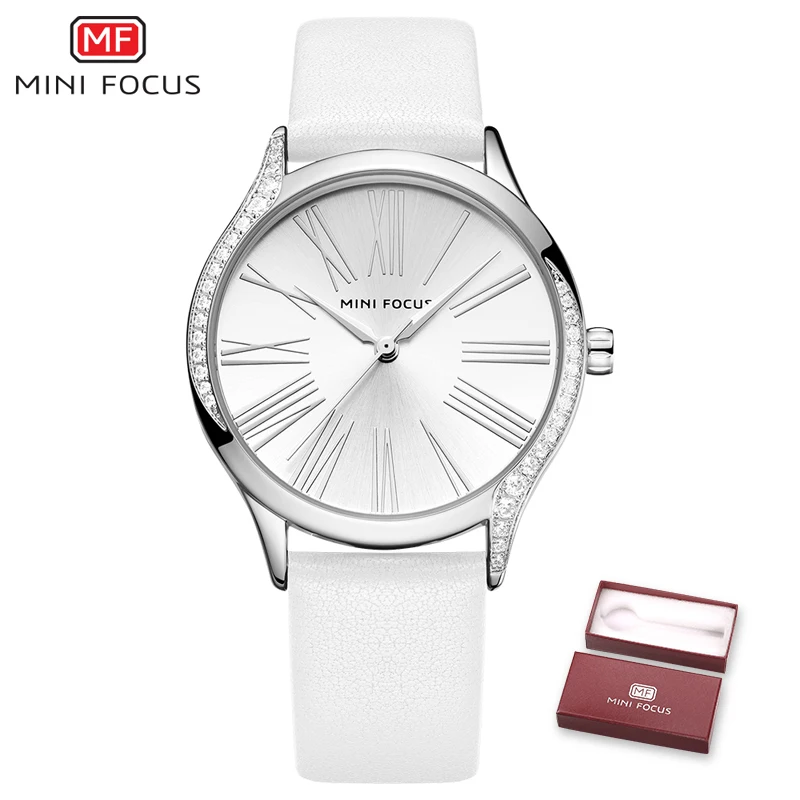MINIFOCUS, классические, элегантные, синие, кожаные, женские часы, Iced Out, кварцевые, женские часы, водонепроницаемые, простой дизайн, модные, женские часы - Цвет: BOX WHITE SILVER